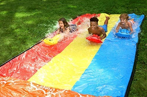 Intera Triple Lane Slip, Splash and Slide (Newest 2021 Model) for Backyards| Water Slide Waterslide with 3 Boogie Boards | 16, Foot 3 Sliding Racing Lanes with Sprinklers | Durable PVC Construction