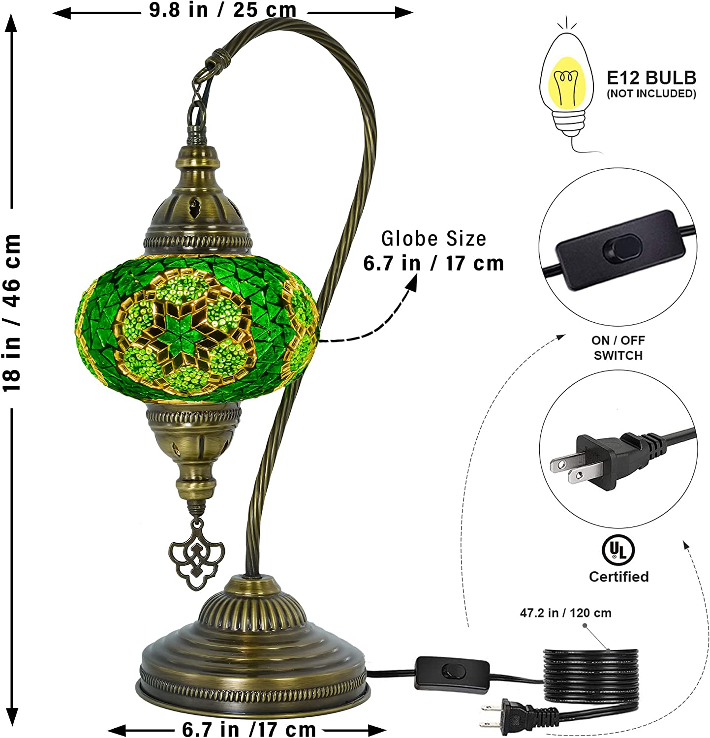 GEDUBIUBOO Moroccan Mosaic Tiffany Style Desk Lamp  Turkish Stained Glass Handmade Bedside Gooseneck Table Lamp  Bohemian Living Room Vintage Light with E12 Socket &amp;  Plug (Dark Green