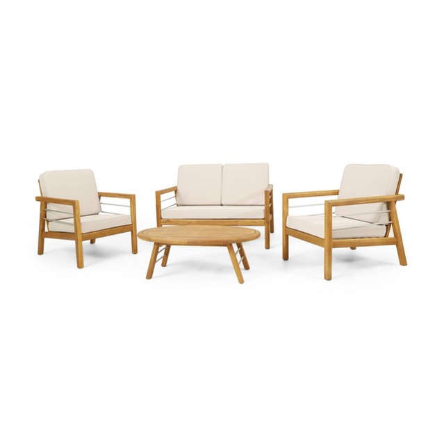 4pk Verdugo Outdoor Acacia Wood 4 Seater Chat Set With Cushions Beige teak Christopher Knight Home