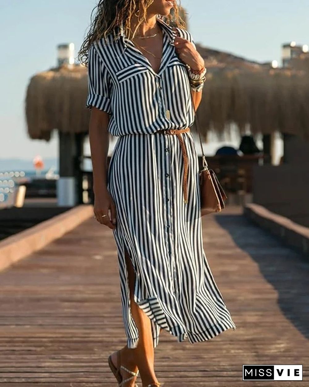 Long Striped Long Sleeve Long Shirt Dress