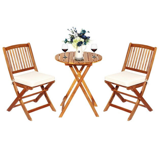 Costway 3pcs Patio Folding Wooden Bistro Set Cushioned Chair Conversation Cushion