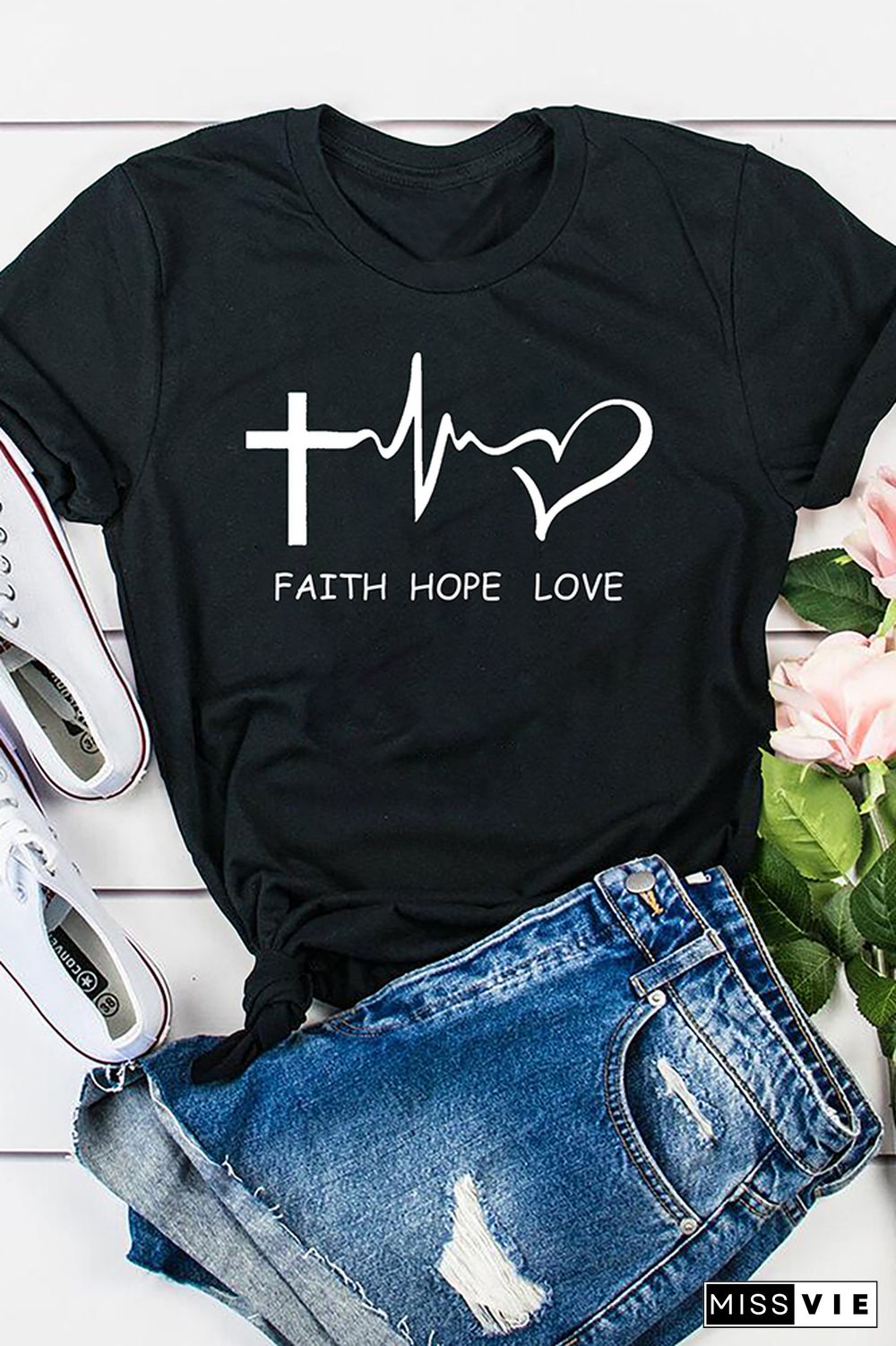 Faith & Hope & Love Print Graphic Tees for Women Wholesale Short Sleeve T shirts Top