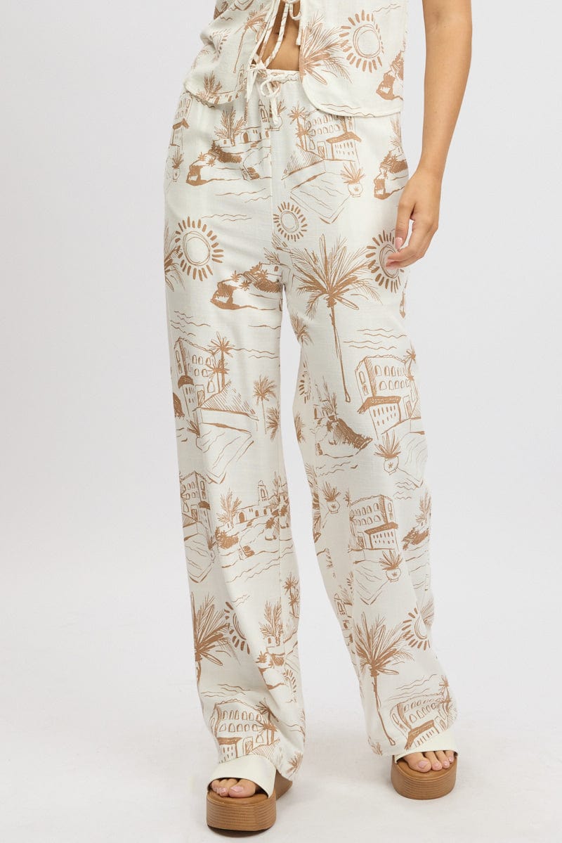 Brown Abstract Wide Leg Pants High Rise