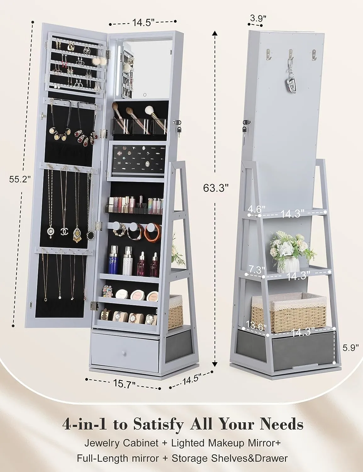⭐️360° Swivel Jewelry Cabinet with Lights - 🌟Touch Screen Vanity Mirror 🌟