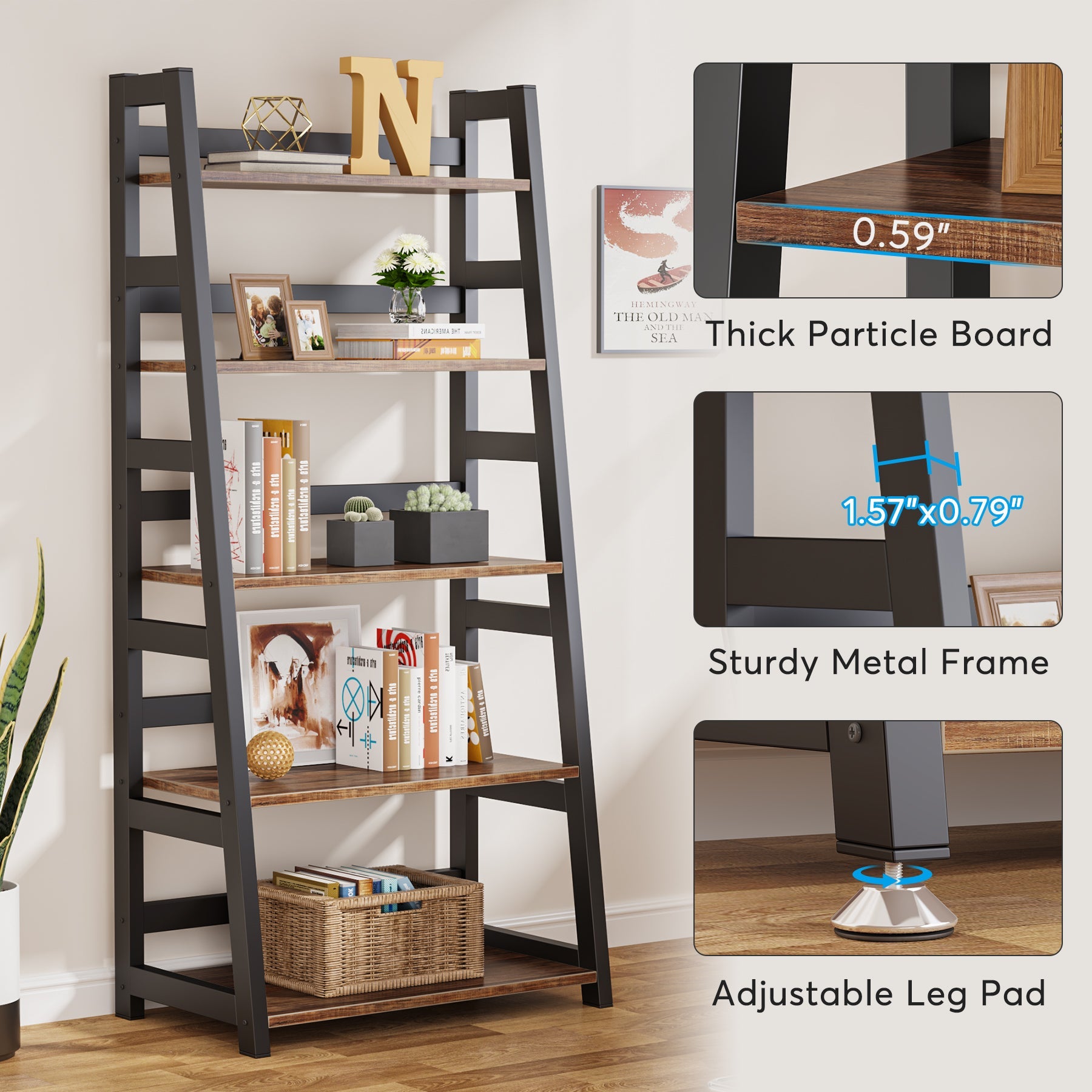 5-Tier Bookshelf, Ladder Bookcase Etagere Storage Shelf