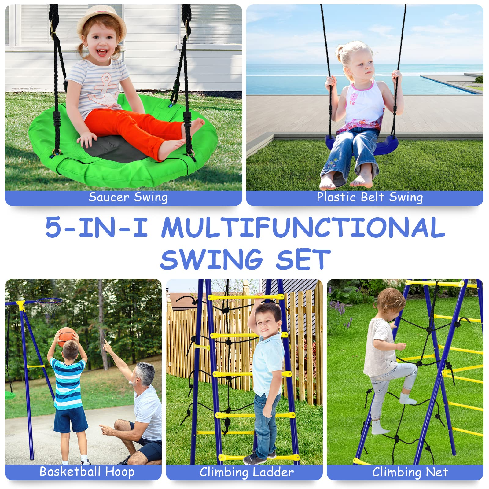 Costzon 550lbs Swing Sets for Backyard with Climbing Ladder/Net (5-in-1 Swing Set)