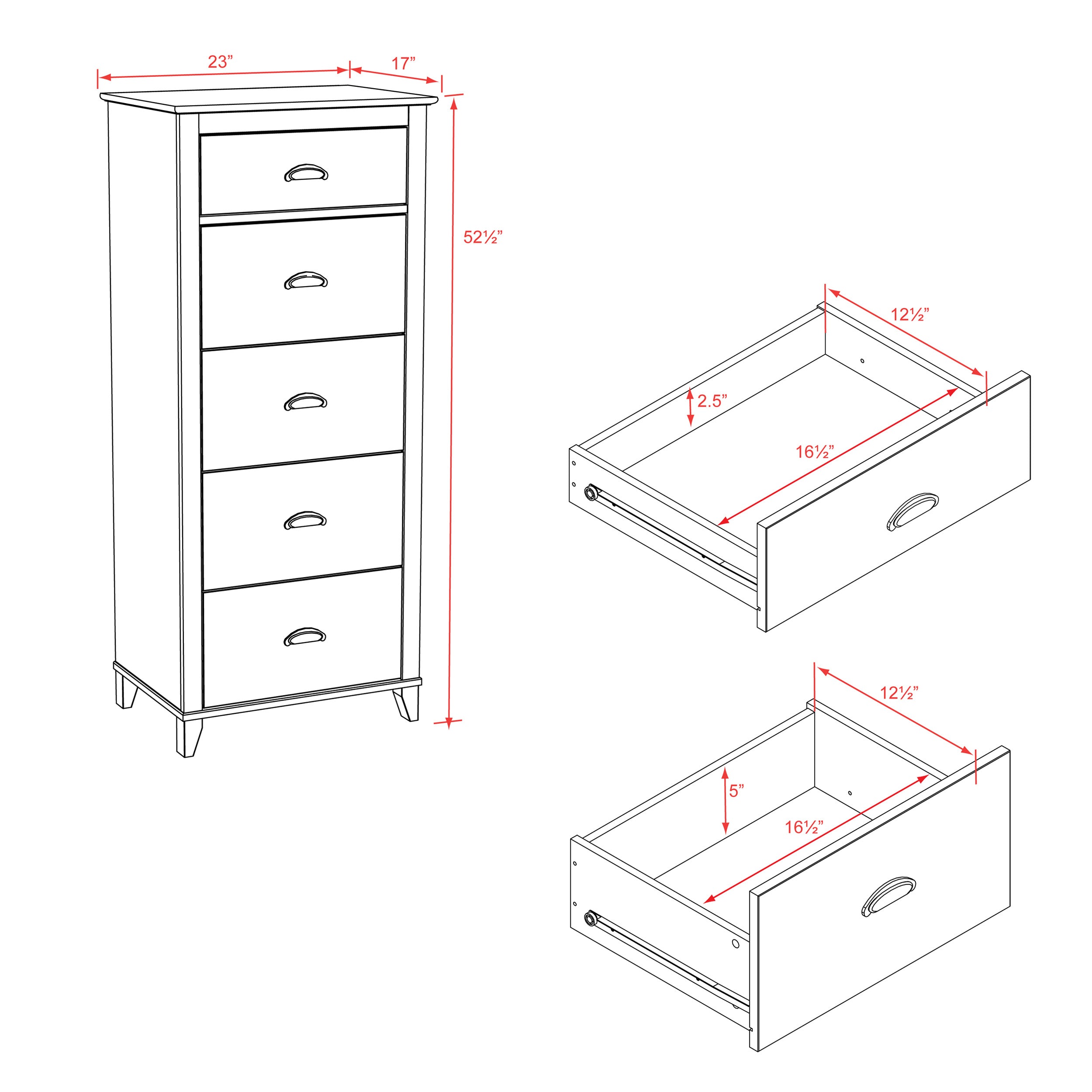 Prepac Yaletown Traditional 5 Drawer Tall Dresser, White