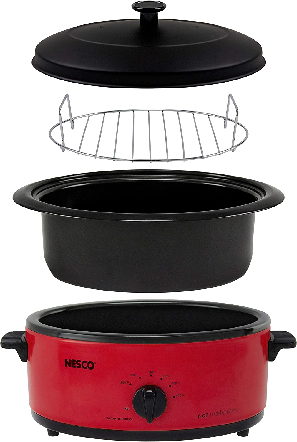 NESCO 4816-12 Roaster Oven with Porcelain Cookwell， Red， 6 quart， 750 watts