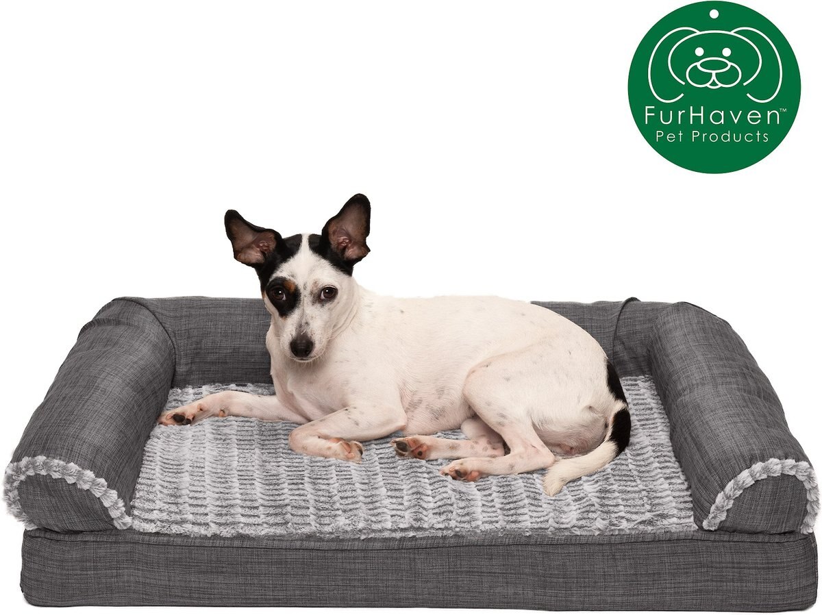 FurHaven Luxe Fur and Performance Linen Memory Top Sofa Cat and Dog Bed w/Removable Cover