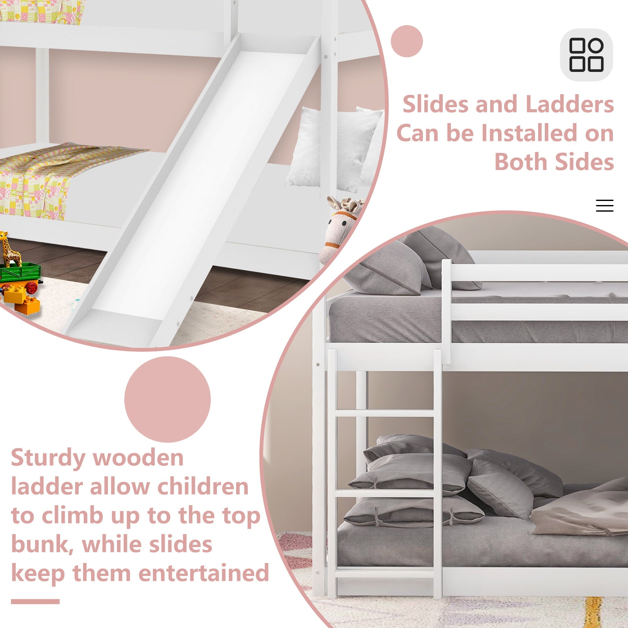 Sesslife Wood Floor Bunk Bed with Convertible Slide and Ladder for Boys Girls Toddlers, White Twin Over Twin Bunk Bed for Home Children’s Room, TE850