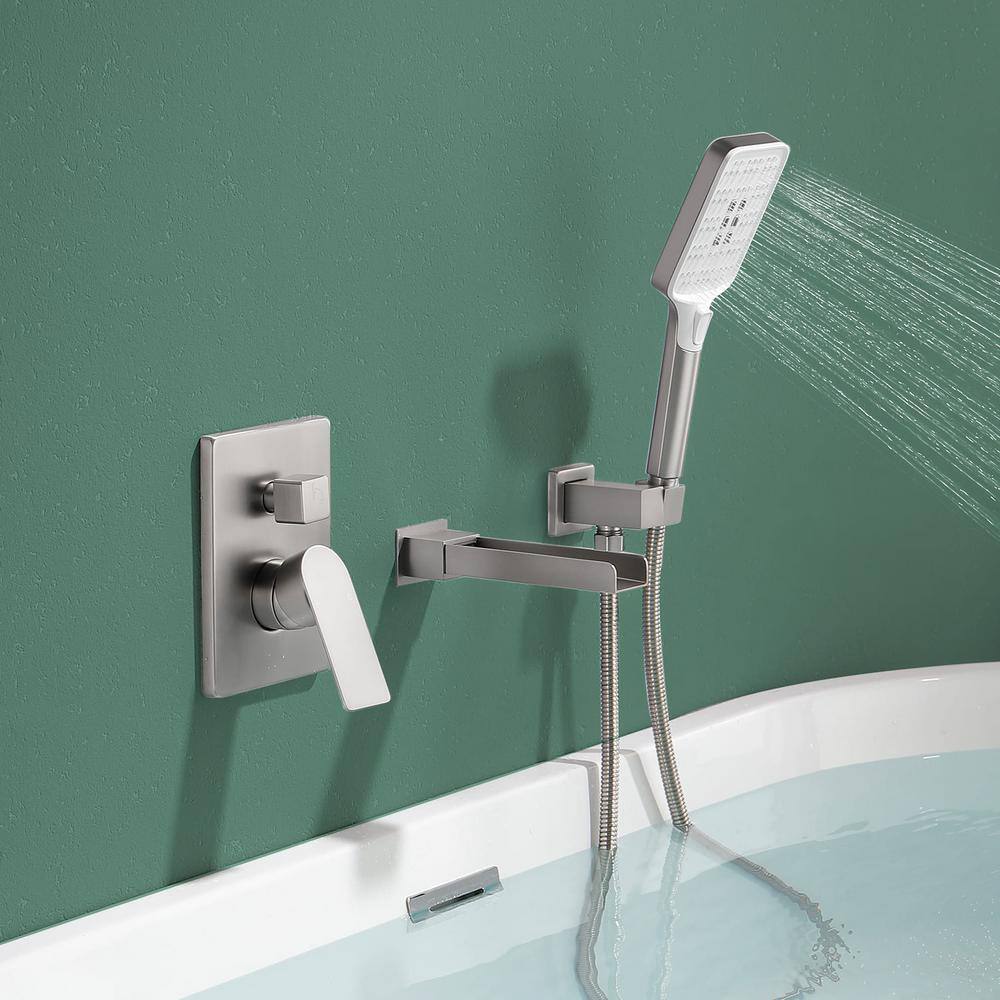 FLG Single-Handle Wall-Mount Roman Tub Faucet with Hand Shower Waterfall Bathtub Filler in Brushed Nickel SS-0028-BN