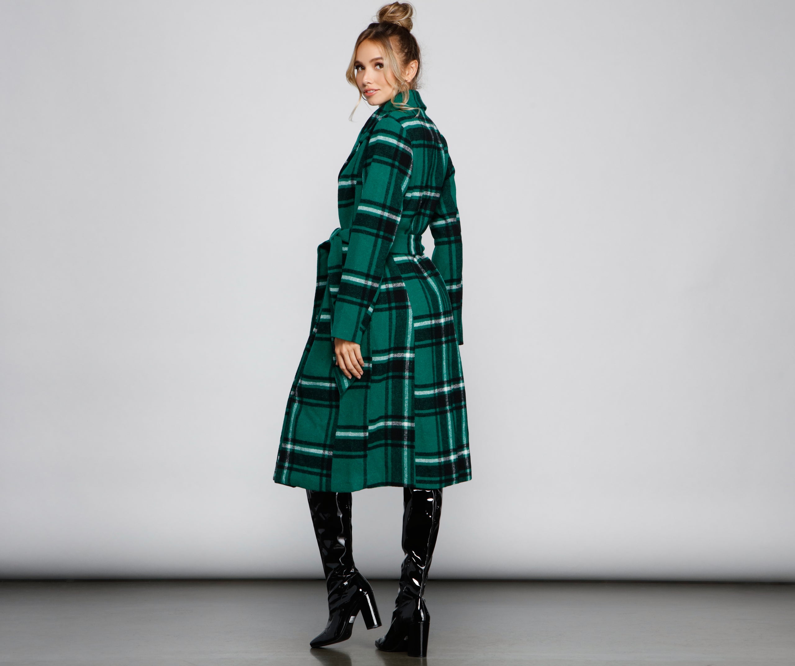 Polished In Plaid Belted Trench Coat