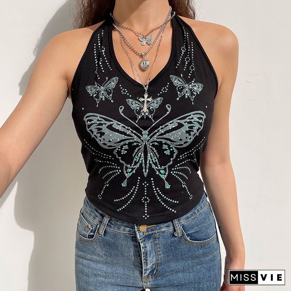 Y2k Butterfly Halter Top Backless Black Retro Grunge Corset Crop Top Cute Basic Casual Summer Sweats Women Streetwear