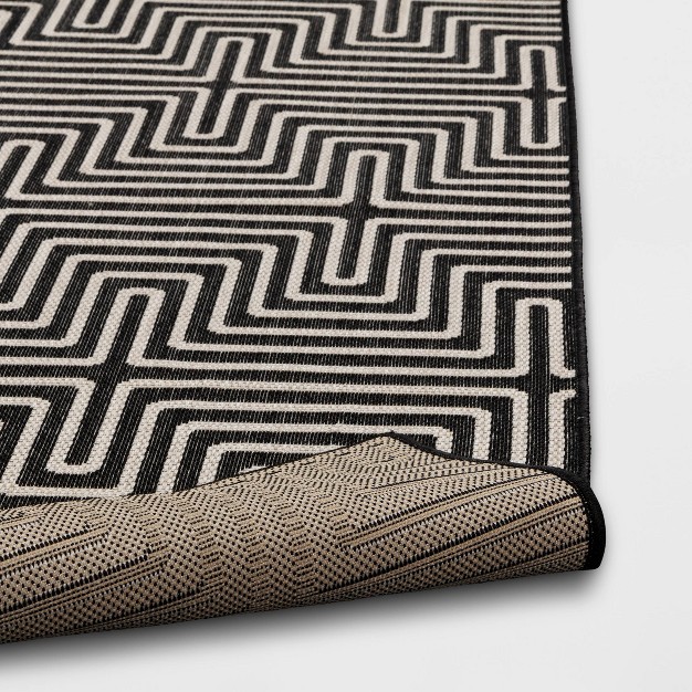 Modern Geo Rectangular Woven Indoor Outdoor Area Rug Black tan