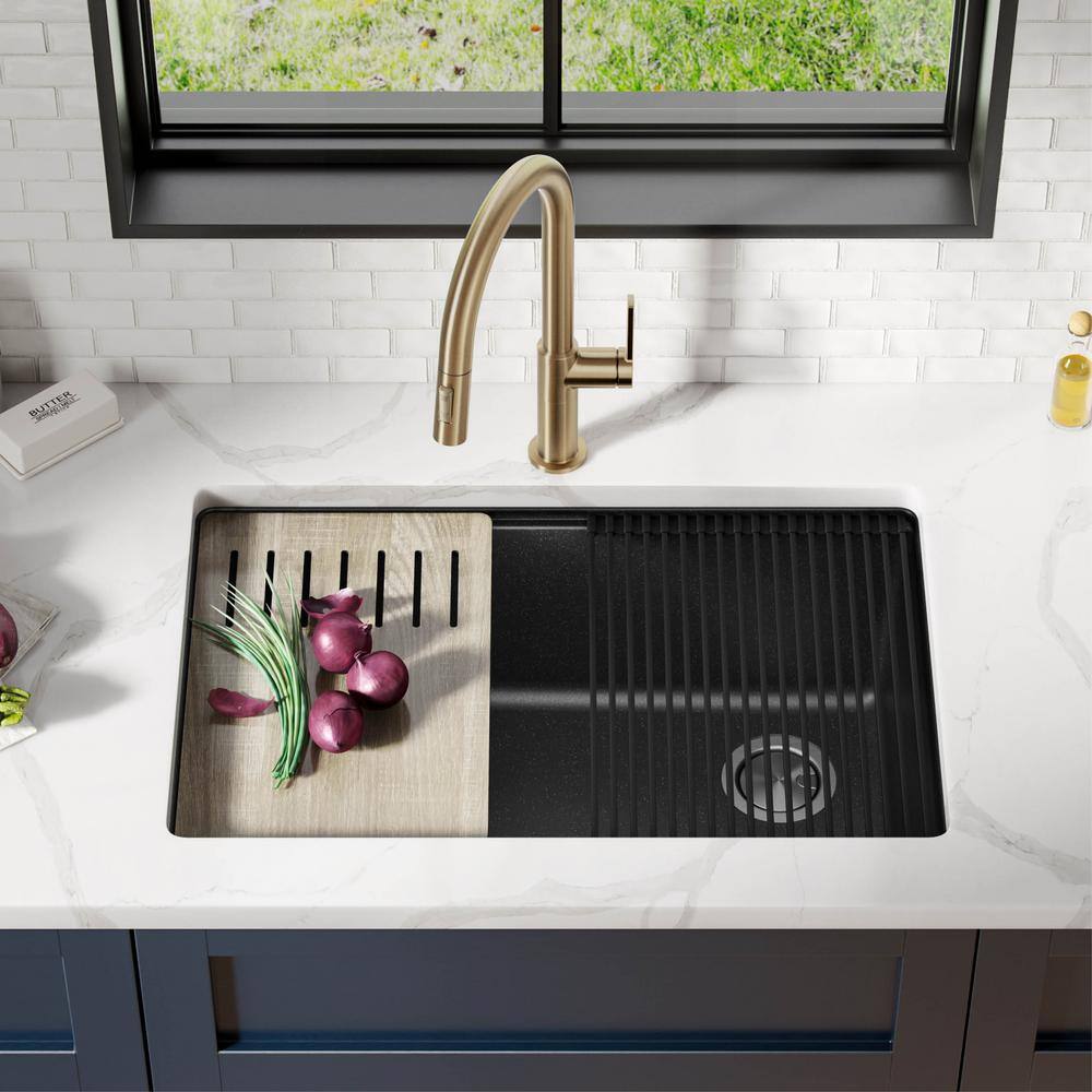 KRAUS Bellucci Black Granite Composite 30 in. Single Bowl Undermount Workstation Kitchen Sink with Accessories KGUW2-30MBL