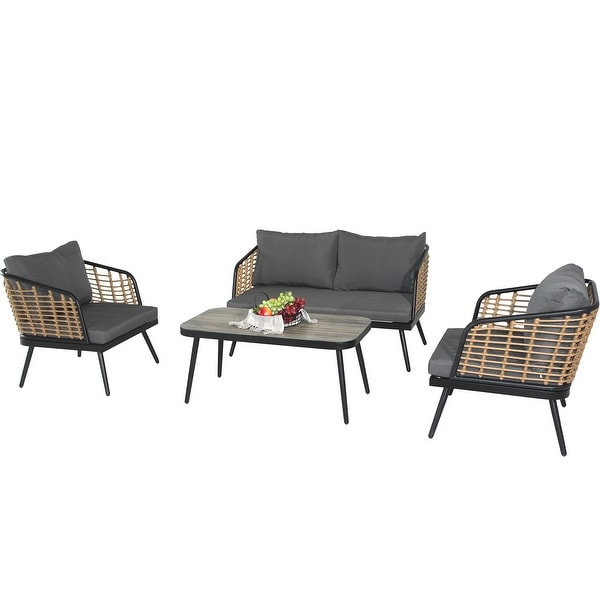 4Piece Rattan Wicker Outdoor Sofa Set with Cushions and Table