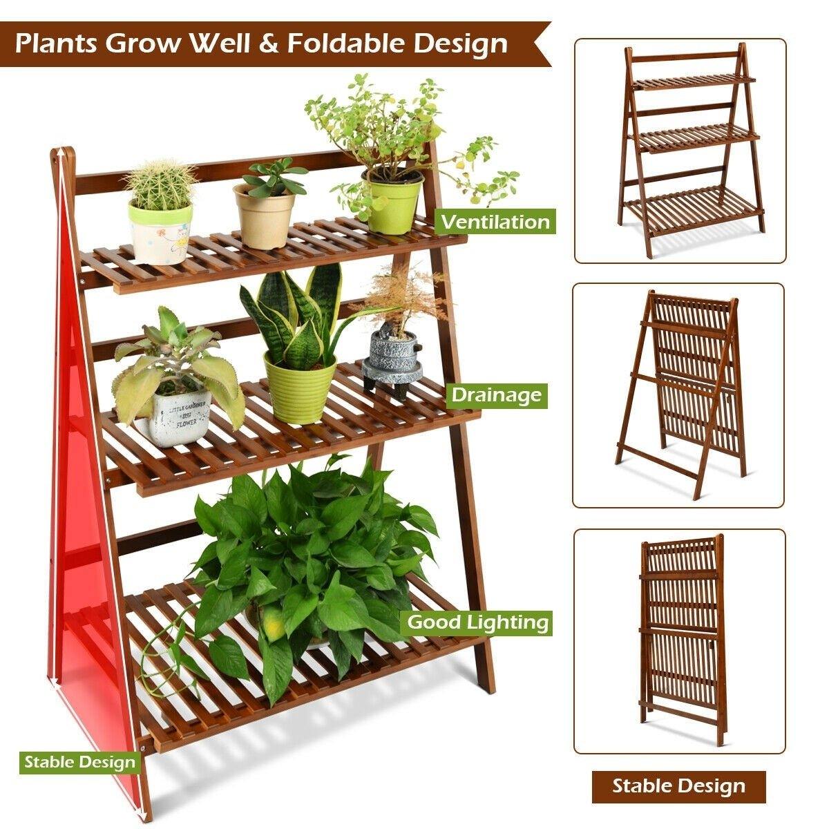 3 Tier Folding Bamboo Plant Stand Organizer Storage Shelving