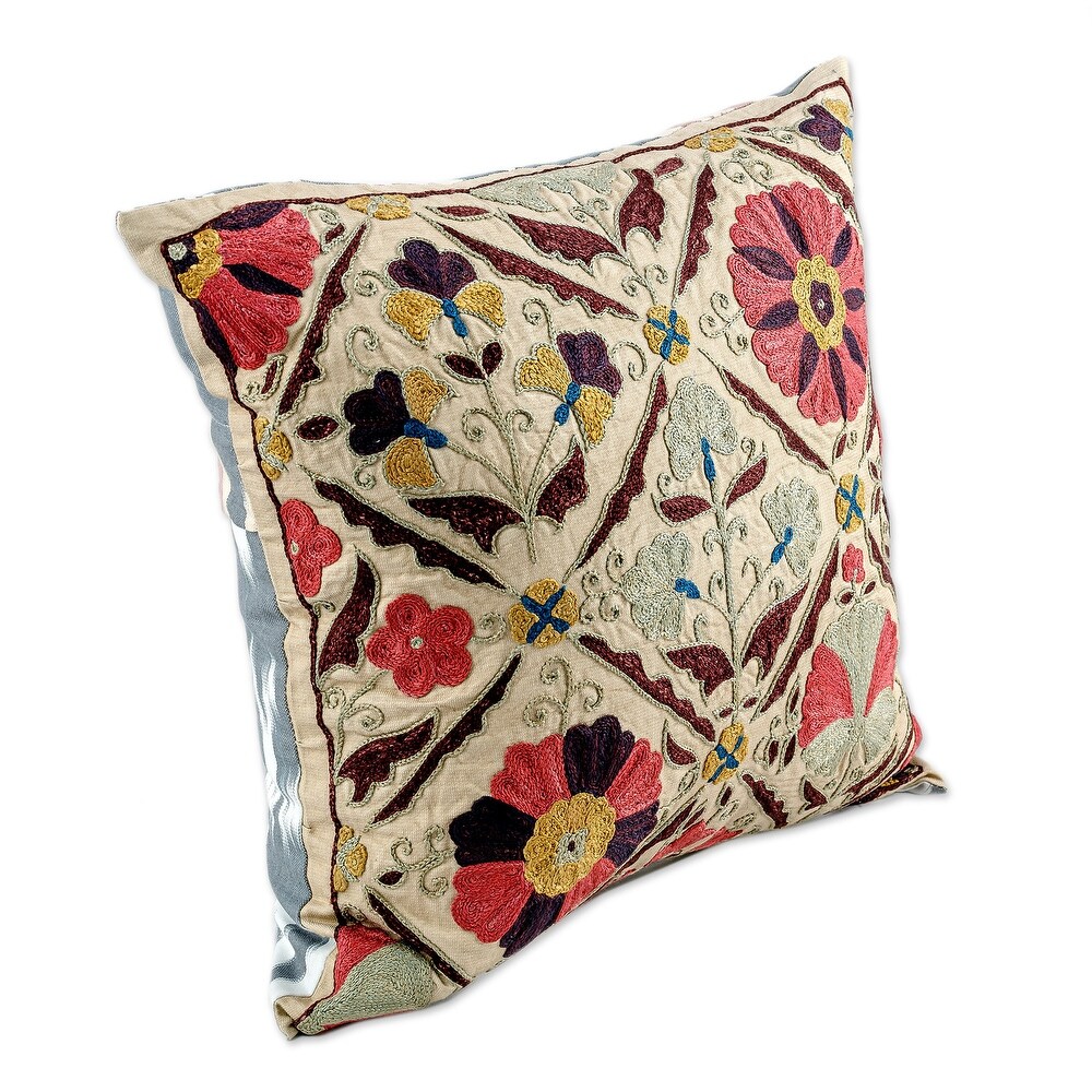 Novica Handmade Palatial Spring Suzani Silk Cushion Cover