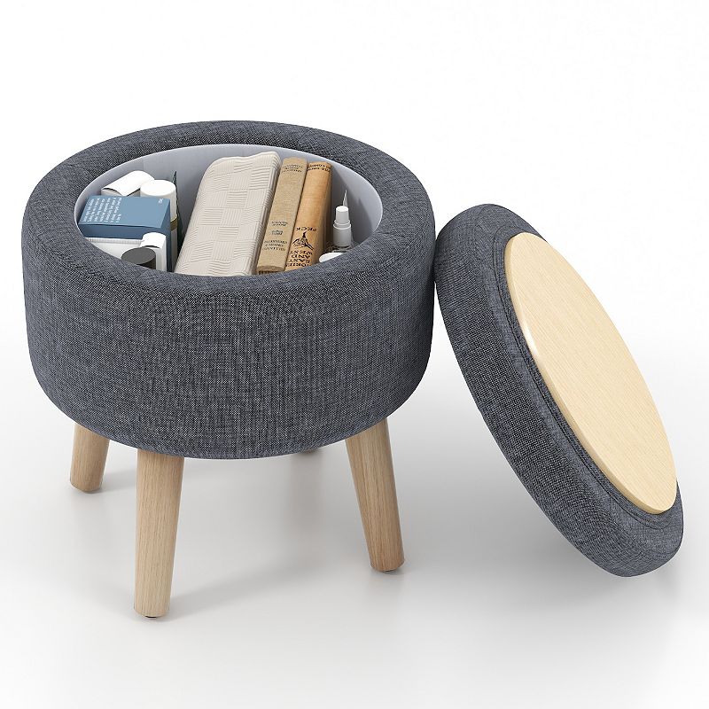 Round Storage Ottoman With Rubber Wood Legs And Adjustable Foot Pads