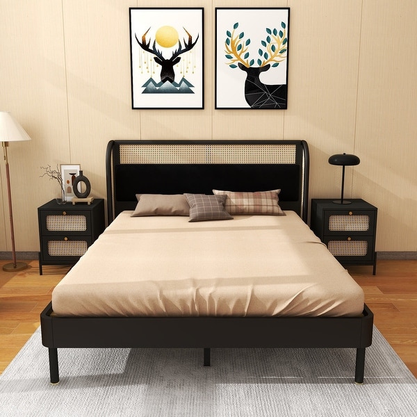 3 Pieces Rattan Platform Queen Bed and 2 Nightstand - - 37940070