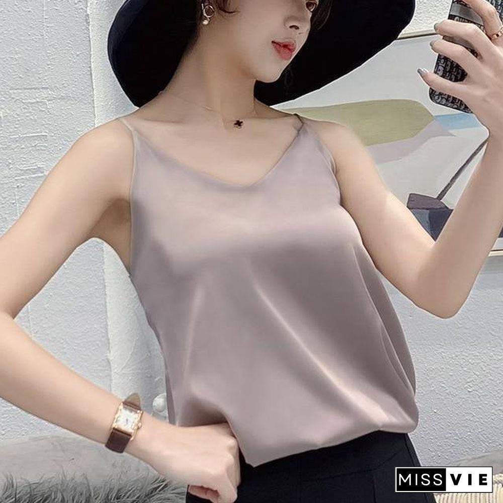 Korean Silk Top Women V-neck Satin Tank Tops Woman Sleeveless Black Tees Cami Sexy Halter Top Plus Size Elegant Women White Tops