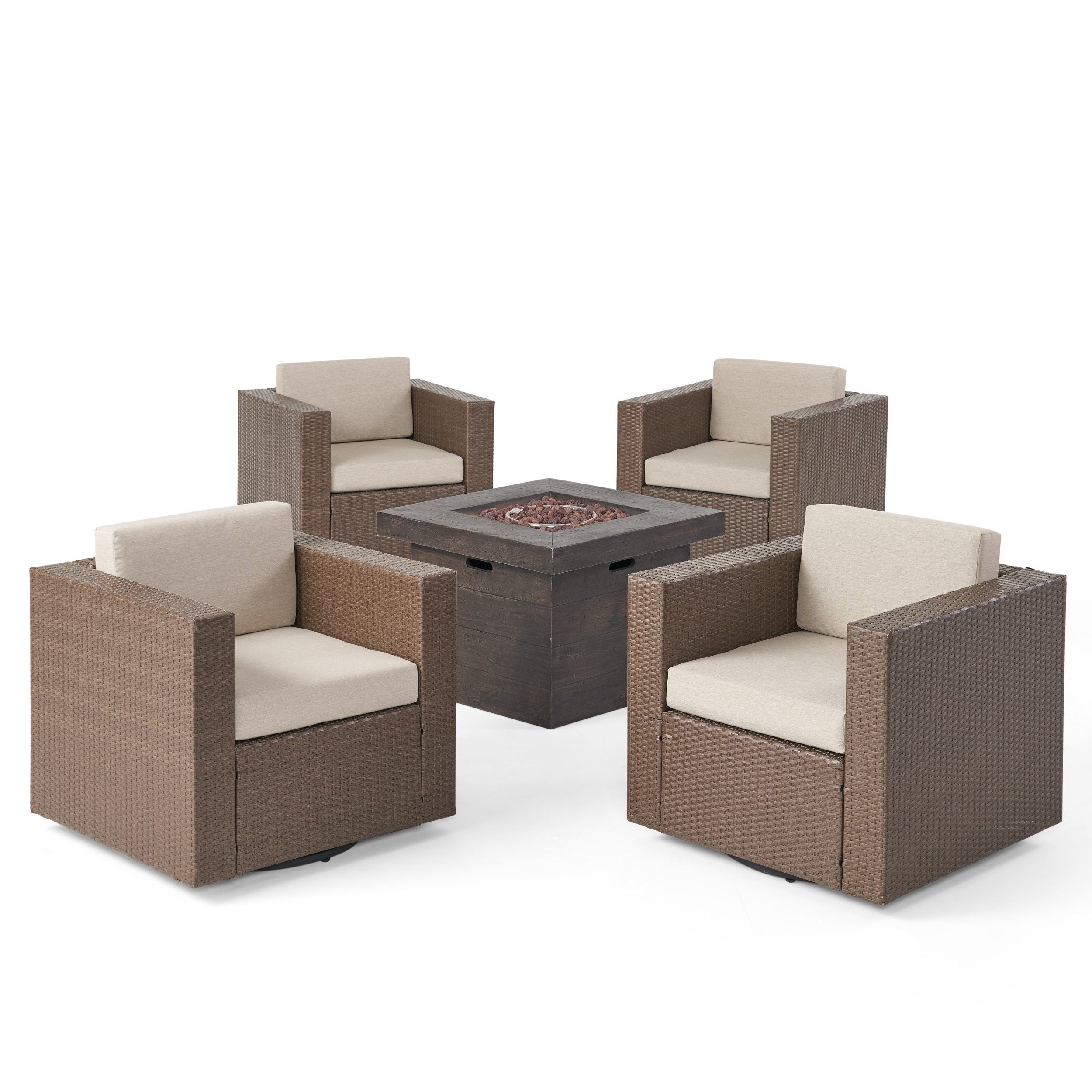 Venice Outdoor 5 Piece Chat Set with Brown Wicker Club Chairs and Fire Pit