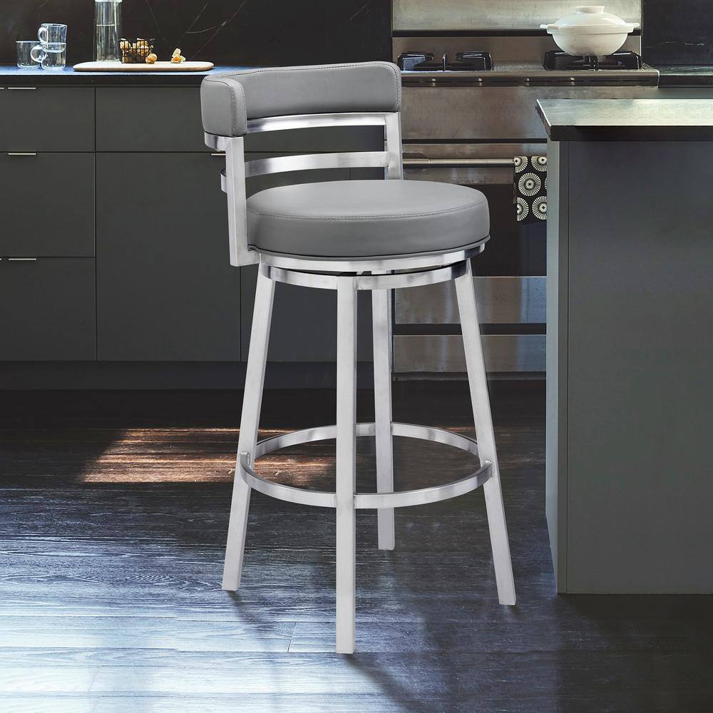 Armen Living Madrid Contemporary 26 in. Counter Height Bar Stool in Brushed Stainless Steel and Grey Faux Leather LCMABABSGR26