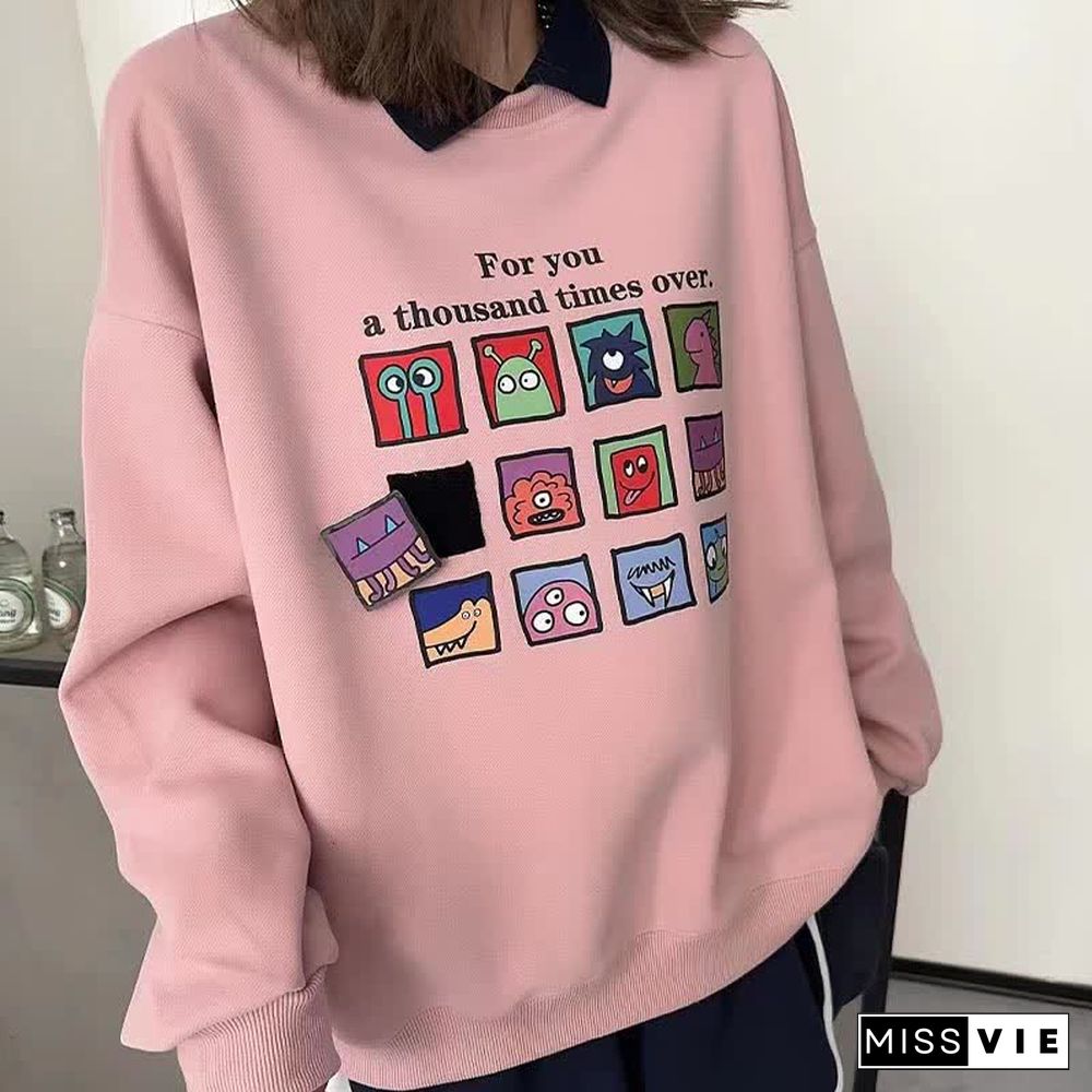 Cartoon Letter Print Long Sleeve Lapel Sweatshirt