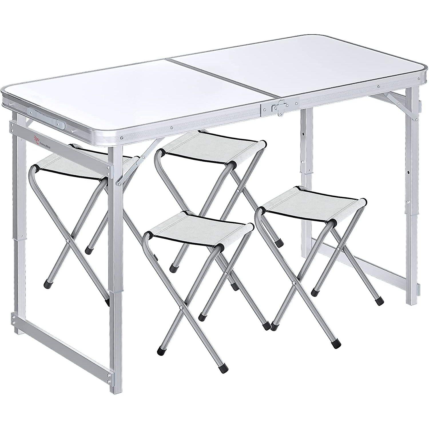 Folding Picnic Table With 4 Stools， Aluminum Table Oxford Mat Chair Set For Up To 4 Persons， Portable Lightweight And Heights Adjustable For Outdoor C