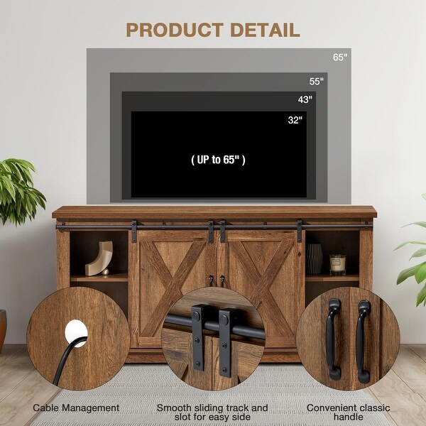 Modern Sliding Barn Door TV Stand with 5 Adjustable Shelves Brown