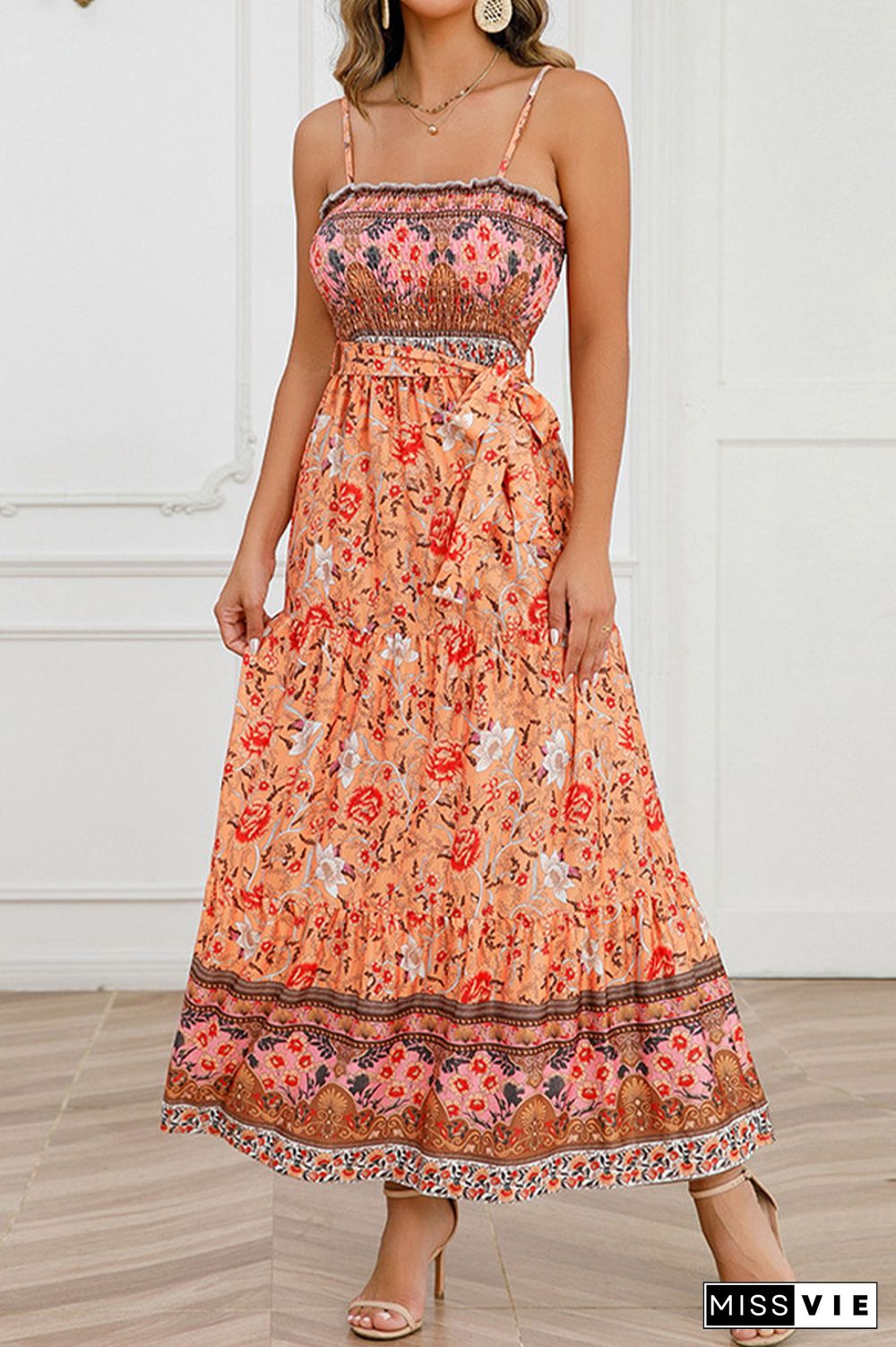 Boho Floral Print Smocked Bandeau Spaghetti Strap Maxi Dress