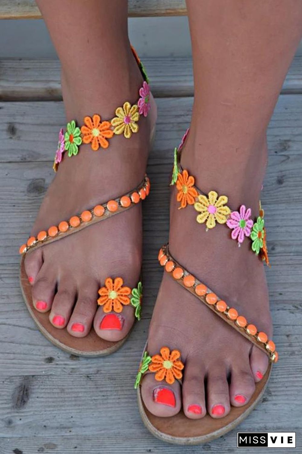 Colorful Flower Embellished Toe Ring Flat Sandals