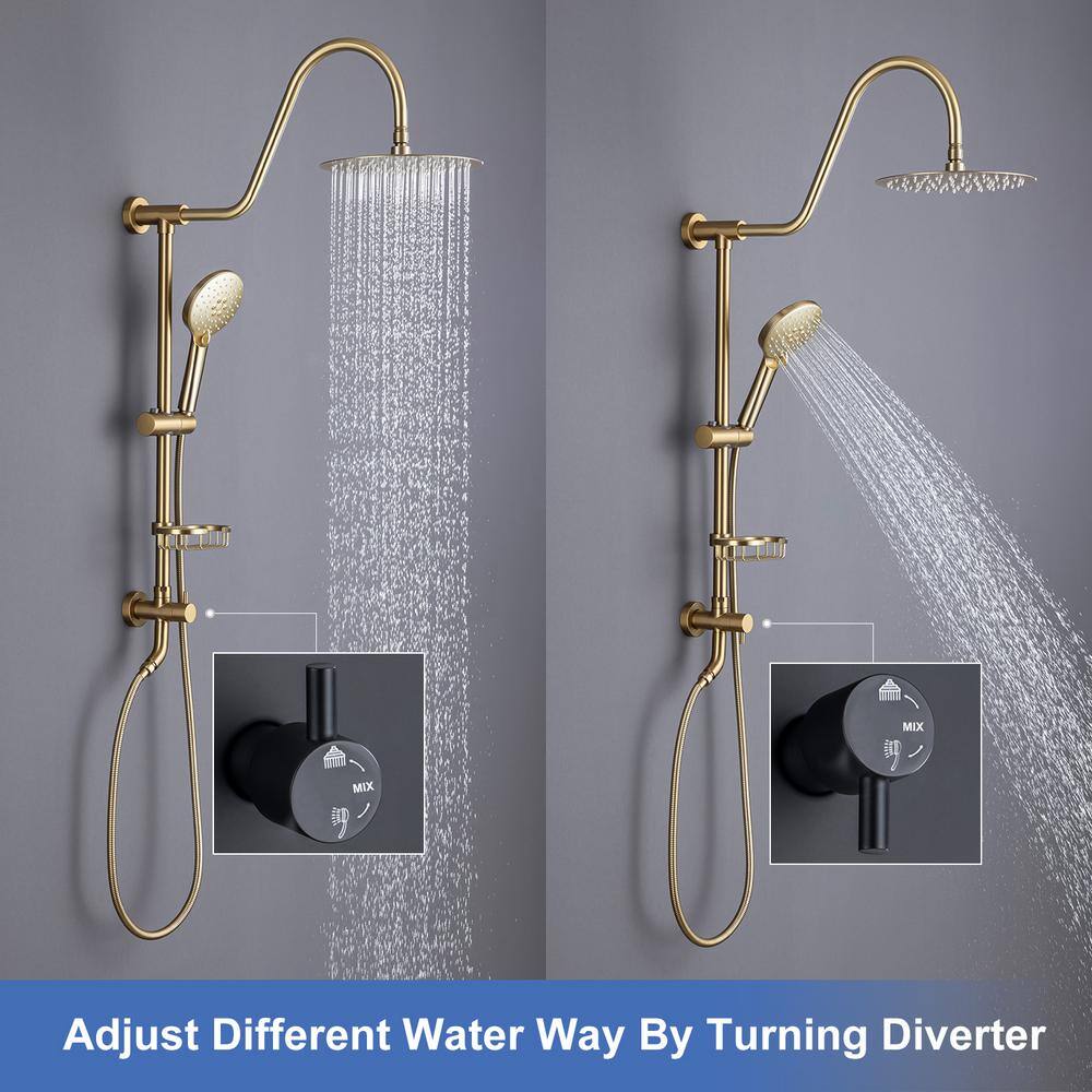 RAINLEX 3-Spray Patterns with 2.2 GPM 10 in. Wall Mount Dual Shower Heads in Spot Resist Brushed Gold RX2001LSJ