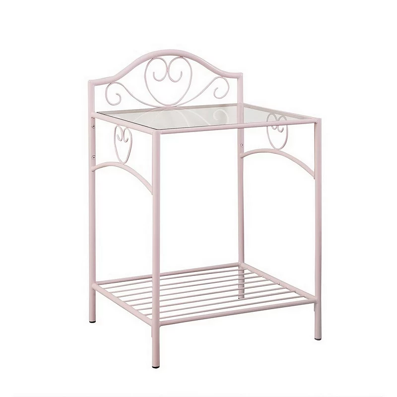 Metal Nightstand with Glass Top and Open Bottom Shelf， Pink and Clear