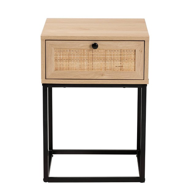 Amelia Wood Rattan 1 Drawer End Table Natural Brown black Baxton Studio