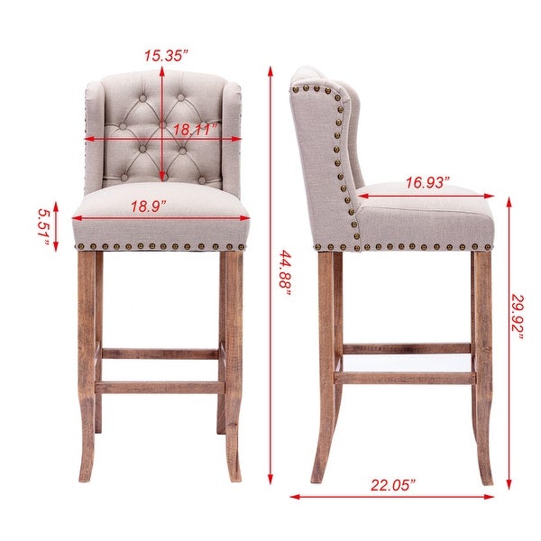 Wing Back Tufted Upholstered Bar stools w/Nailhead Trim，Set of 2