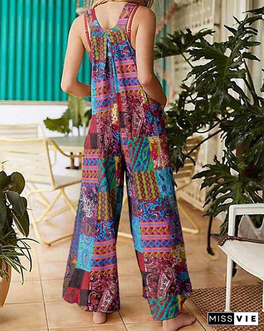 Plus Size Loose Ethnic Print Straps Pockets Vintage Jumpsuit For Women