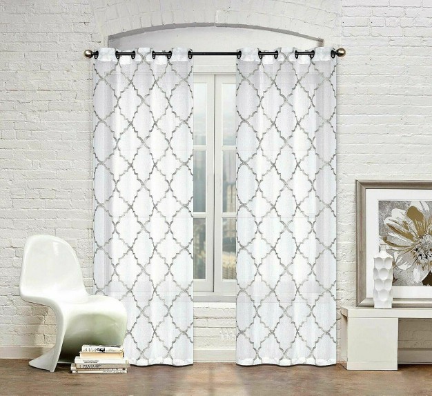 Kate Aurora Lux Home 2 Pack Shabby Trellis Semi Sheer Embroidered Clover Grommet Top Curtains