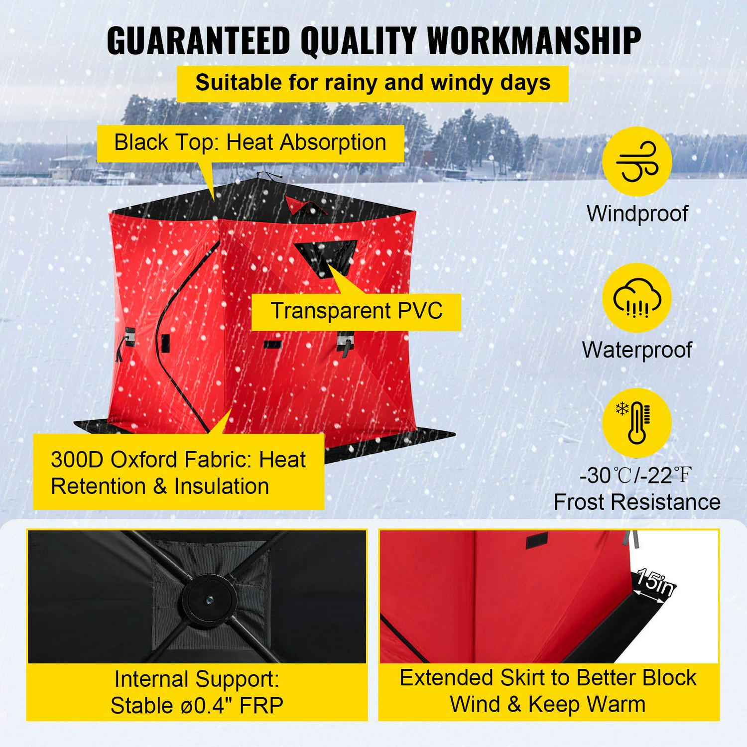 VEVORbrand Waterproof Pop-Up 2-Person Carrying Bag Ice Fishing Shelter with Detachable Ventilation Windows， 300D Oxford Fabric Zippered Door Shanty for Outdoor Fishing， Red