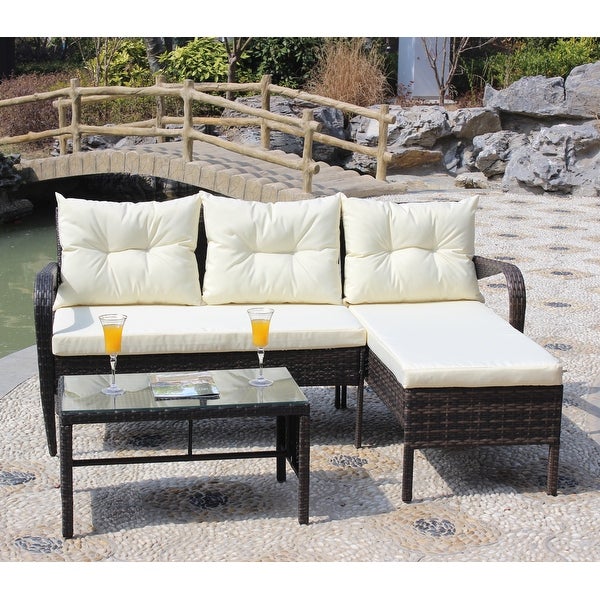 3-Pieces Outdoor Patio Furniture Sets for 3-4， Wicker Rattan Sectional Conversation Set with 2 Seat Cushions and 3 Back Cushions - Overstock - 37426701