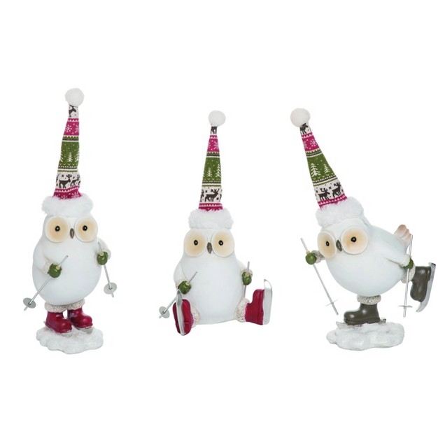 Transpac Resin 6 In White Harvest Skiing Owl Set Of 3