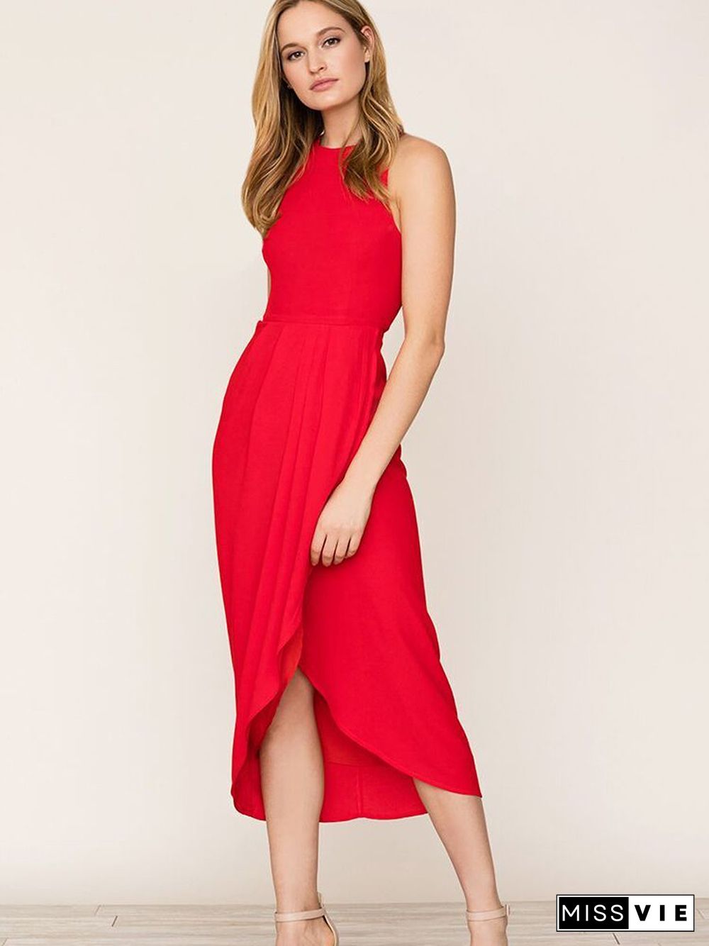 Red So Social Round Neck Sleeveless Irregular Hem Midi Dress