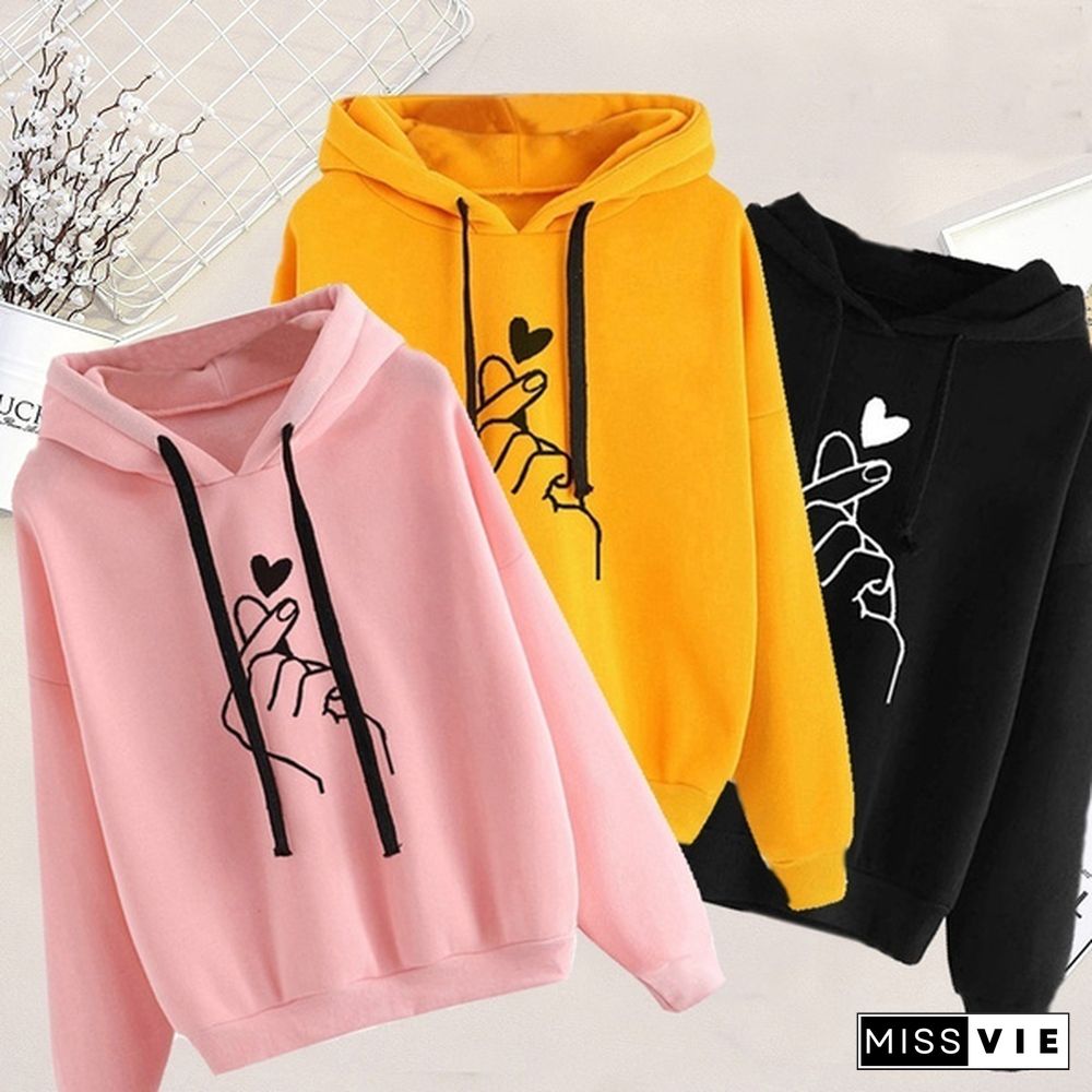 Women Hooded Sweater Casaul Printed Heart Long Sleeve Solid Color Hooded Finger Heart Hoodie Pullover Tops Hoodies Coat