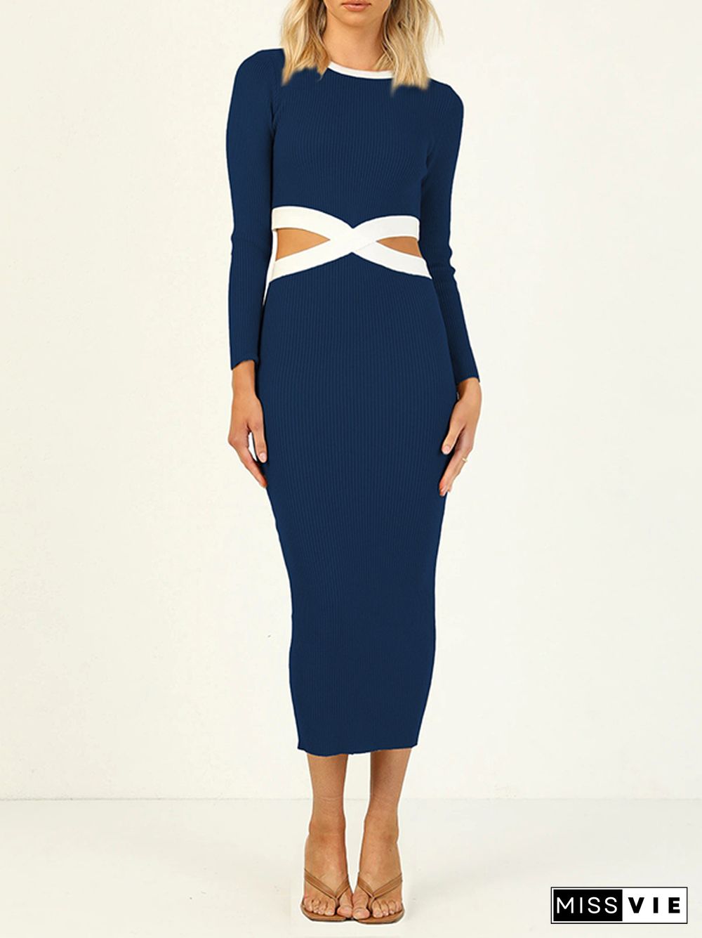 High Waisted Long Sleeves Hollow Round-Neck Midi Dresses