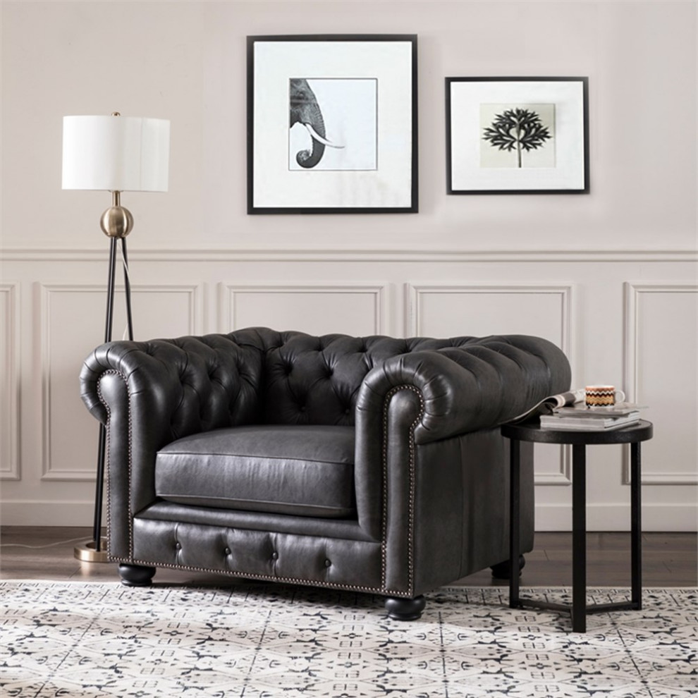 Home Square 2 Piece Set with Leather Chesterfield Accent Chair and Sofa in Gray   Traditional   Living Room Furniture Sets   by Homesquare  Houzz