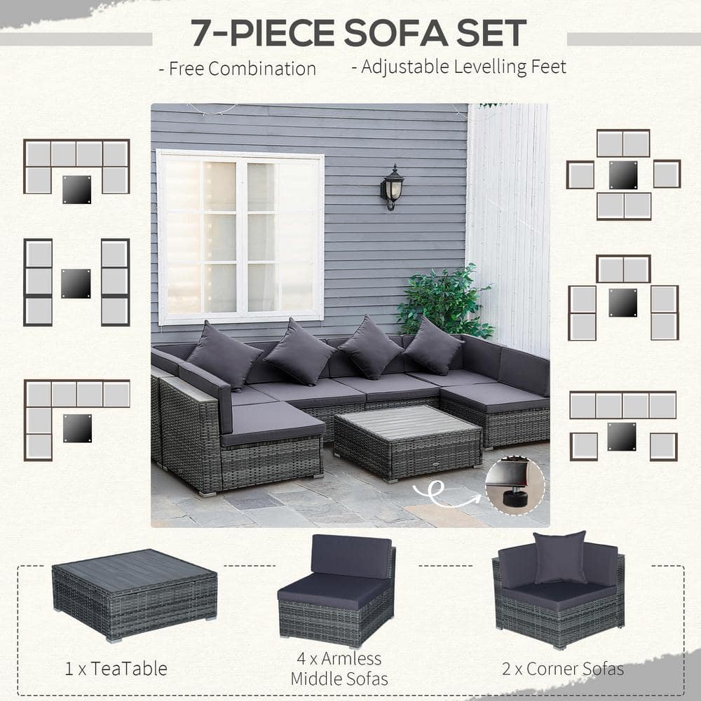 Outsunny 7-Piece Patio Furniture Sets PE Rattan Wicker Outdoor Sectional Sofa Set Conversation Set with Grey Cushion 860-212GY