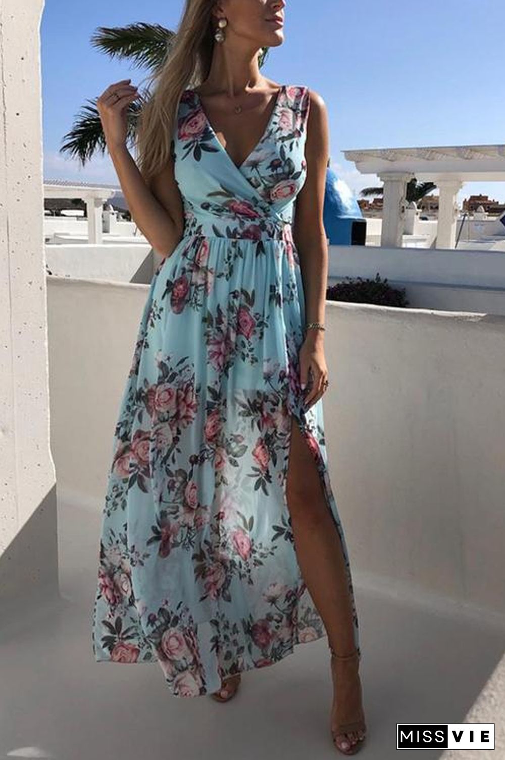 V Neck Floral Print Maxi Dress