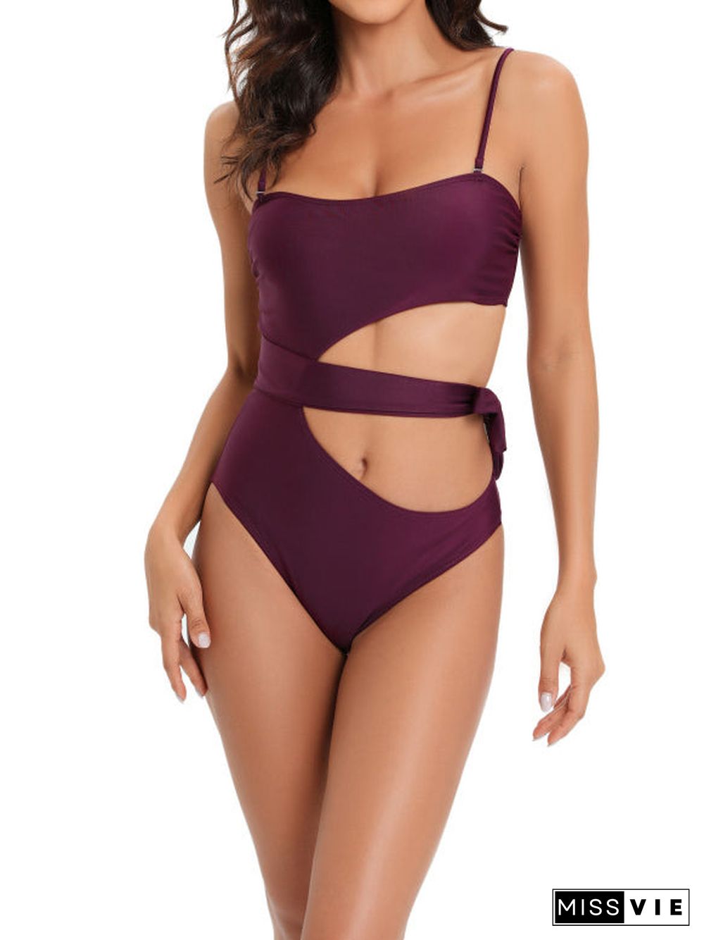 Solid Lace-up One Piece Swimwear