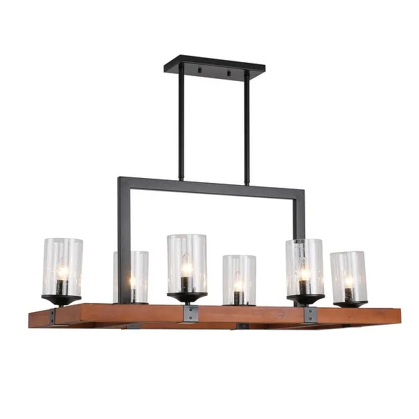 Retro Square Wooden Chandelier Glass Lamp 6 Bulb
