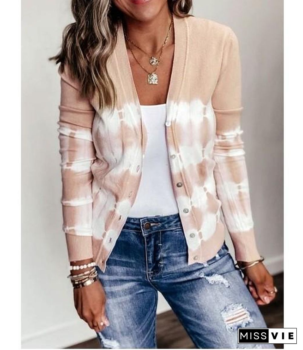 V Neck Tie-Dyed Printed Cardigan Top